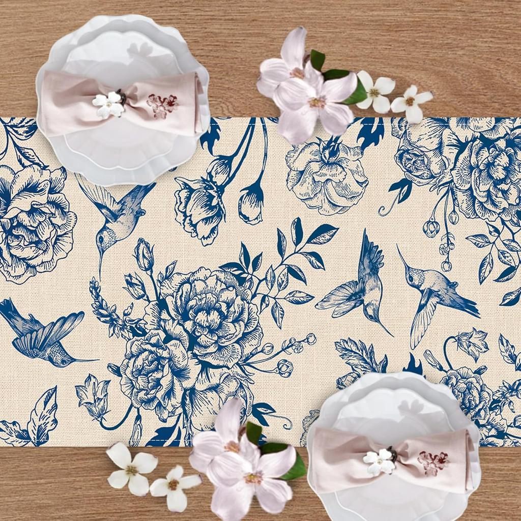 Blue and White Porcelain Floral Birds Linen Table Runner Party Decor Farmhouse Kitchen Dining Table Runner Wedding Decorations
