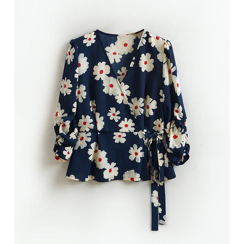 Damen Retro Französischer Print V-Ausschnitt Wickeloberteil - Verspielt und Neu