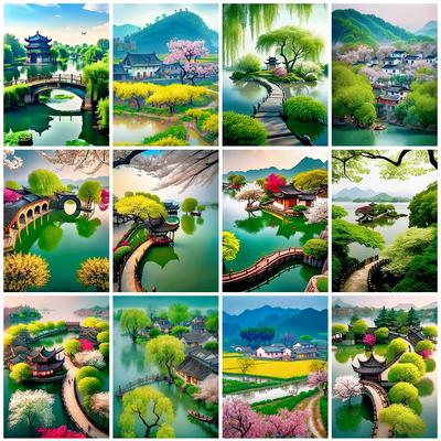 New Arrival Diamond Painting House Cross Stitch Lake Embroidery Town Kits Pavilion Mosaic Landscape Decor For Home