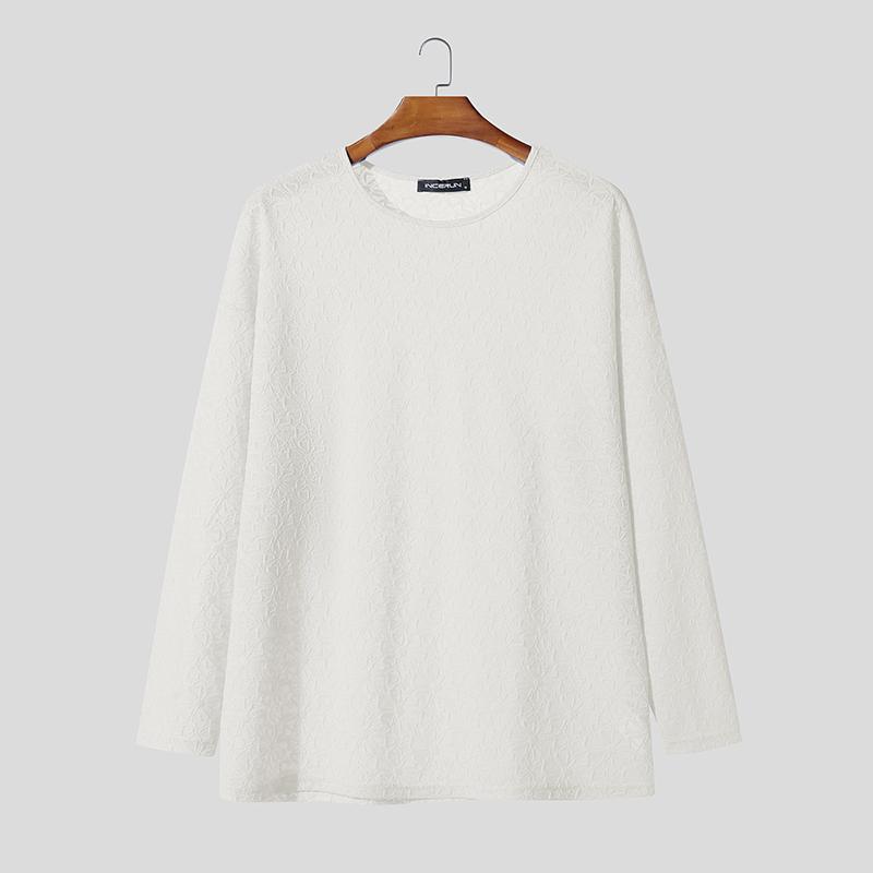 

INCERUN Men Crew Neck Long Sleeve Lace Crochet Semi-Sheer Casual Tops T-shirts XL білий