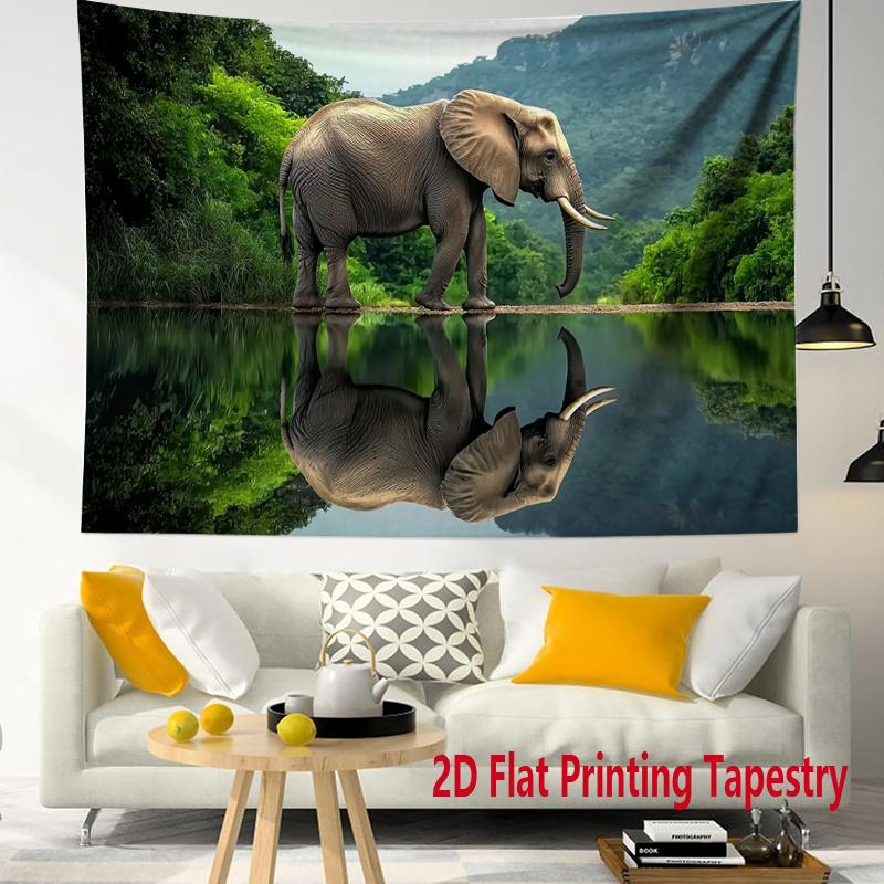 African Elephant Nature Tapestry Wildlife Reflection Lake Wall Hanging Animal Decor Bedroom Print