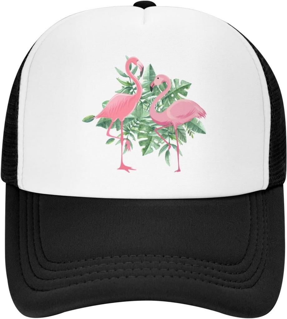 Flamingo Tropical Leaves Print Trucker Hat Adjustable Mesh Baseball Cap for Unisex Casual