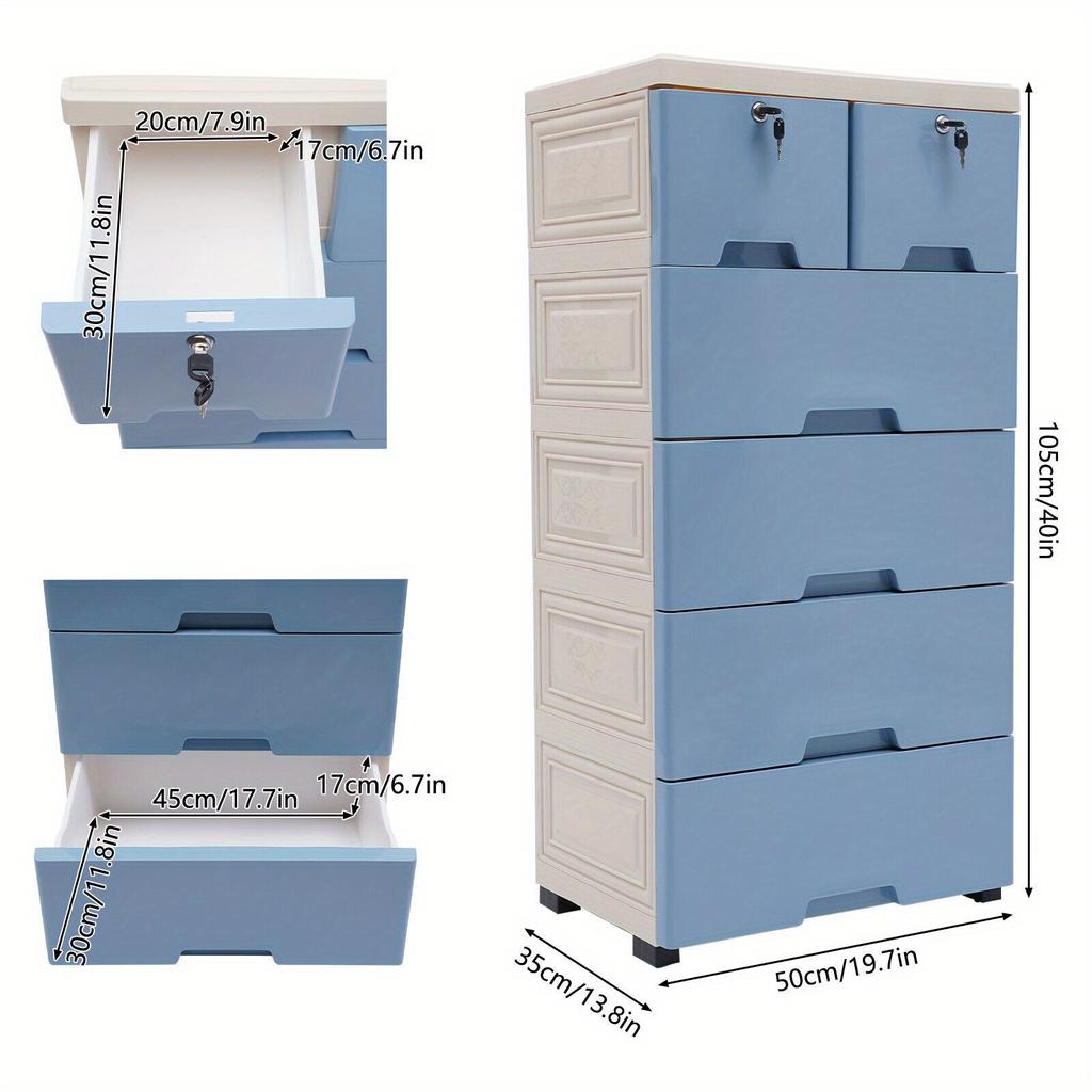 6-Drawer Modular Storage Cabinet – PP Plastic Dresser with Wheels & Locks – White/Blue – 50 x 35 x 102 cm