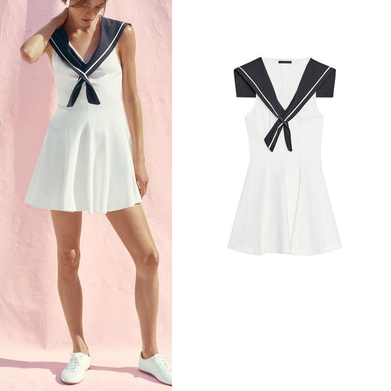 Summer Women's Clothing Wavy Style Wide Hem Patchwork Lining Nautica Style V Neck Short Sleeveless Dress 4661392