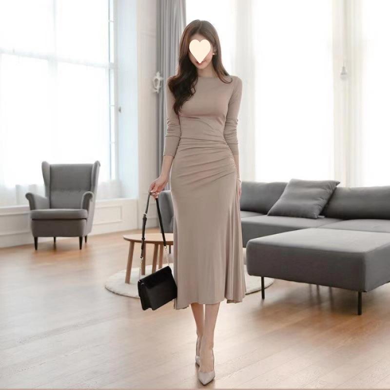 One-word shoulder folds irregular hip-wrapped long dress women s autumn new slim and thin temperament celebrity base dress S