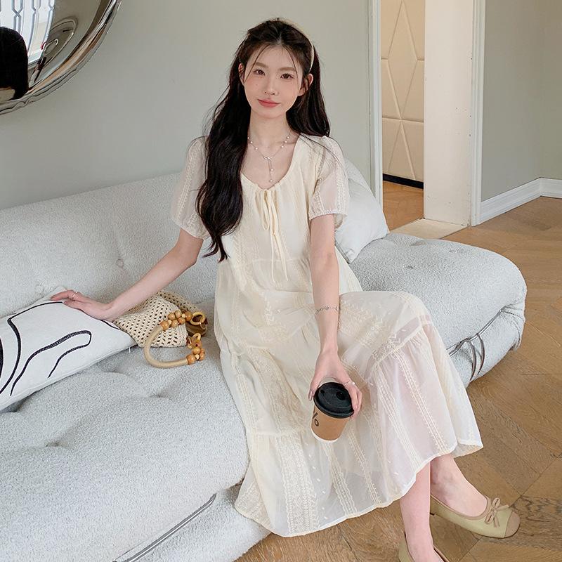French Lace Jacquard Embroidered Maternity Summer Dress - Stylish, Mid-Length, and Trendy.