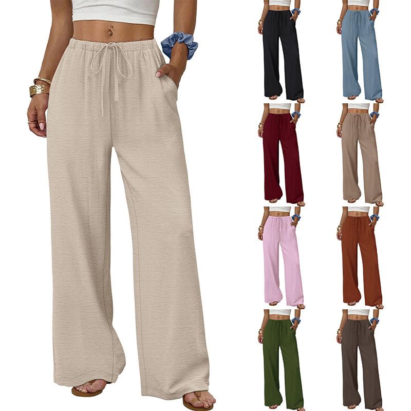 New summer casual women’s drawstring, loose-fitting, slimming, plain-coloured wide-leg trousers