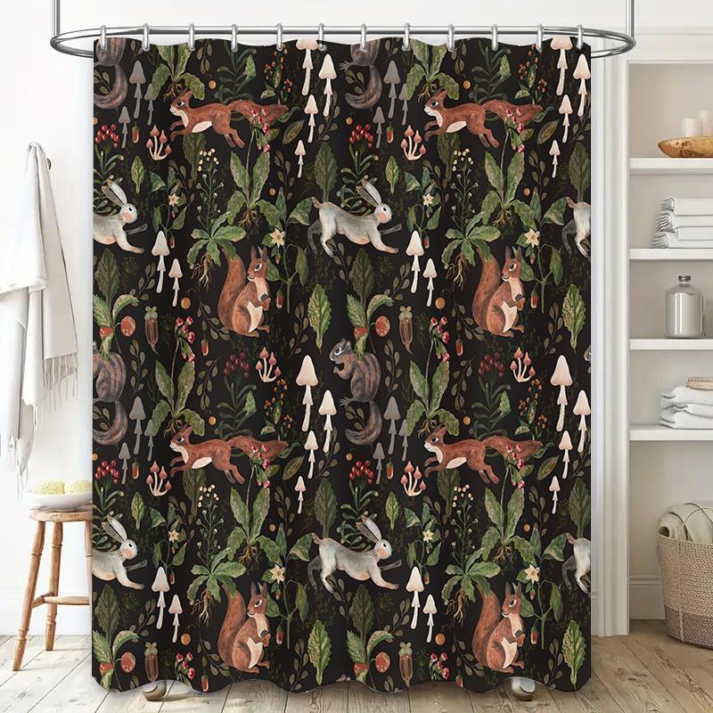 Nature-Inspired Shower Curtain Forest Animal Print Bathroom Decorative Waterproof Fabric With Mushroom Design For Home Decoratio