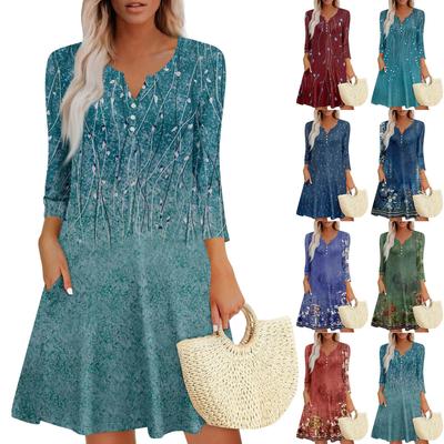 Women's Summer Dress Loose V Neck Three-quarter Sleeve Sundress With Pockets Dress