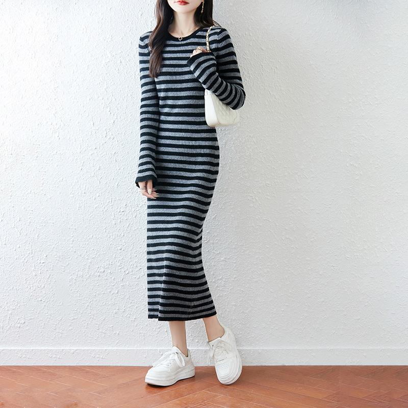 Women Sweater Dress 100% Wool MODERN NEW SAGA O-neck Striped Knit Long Pullover Winter Jumpers Wool Long Dress Female