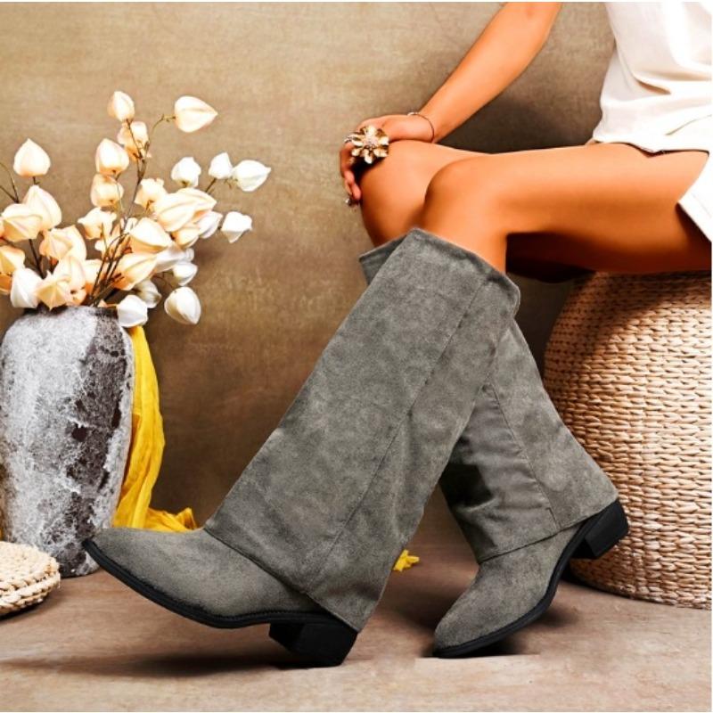 New Style Fashionable Chunk Leather High Boots Women Knee High Pointer Toe Heels Shoes Woman Trend Luxury Boots Pumps Snow Boots