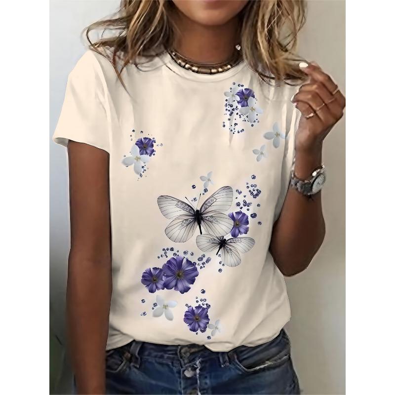 Ladies' 3D Printed Butterfly Floral Casual T-shirt Short Sleeved Round Neck Shirt