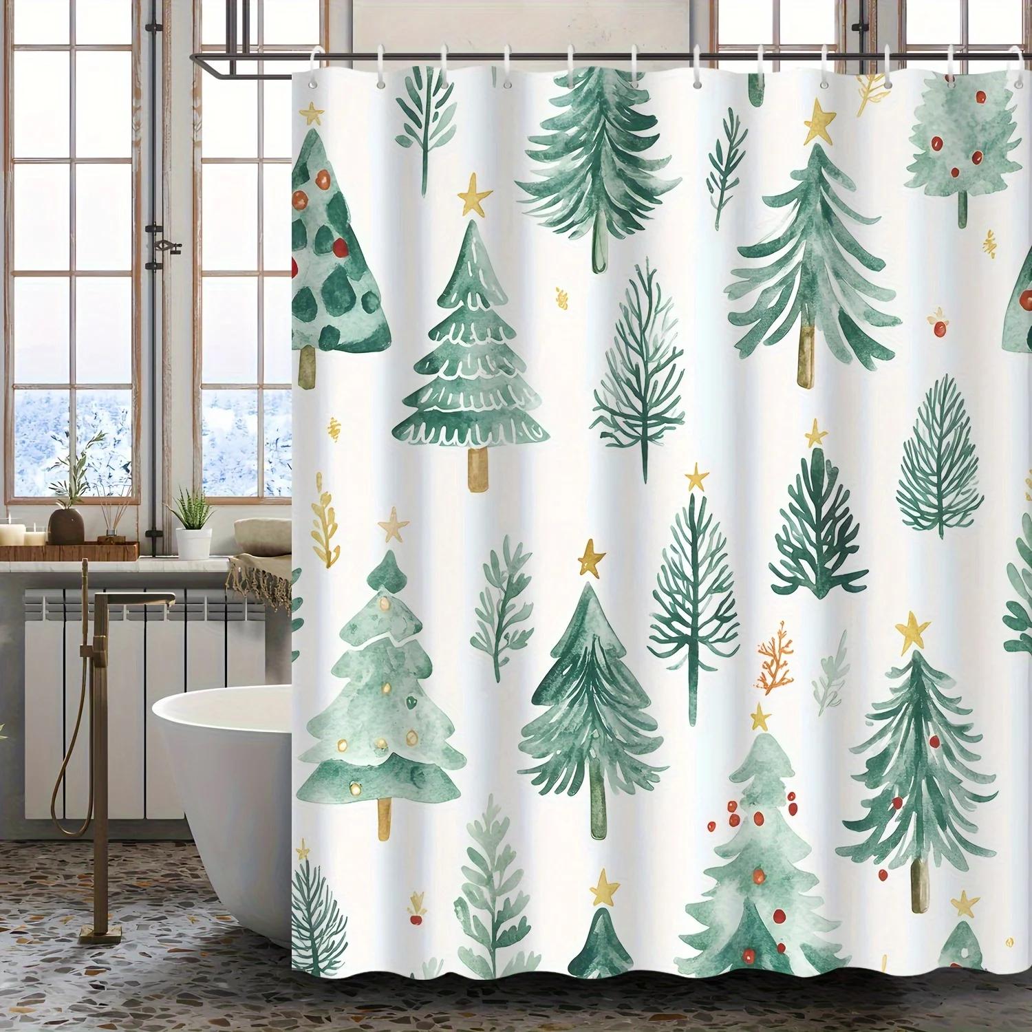 1pc Christmas Green Theme Cartoon Pine Forest Shower Curtain, Decorative Printed Shower Curtain with 12 Hooks W90xH180cm