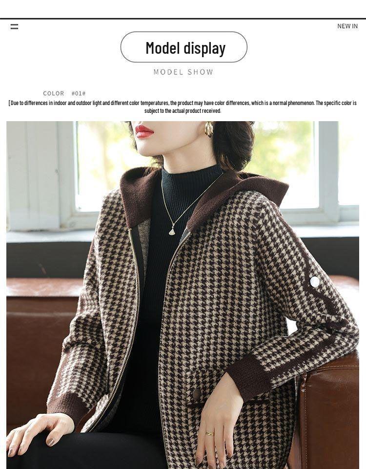 Damen Koreanischer Hahnentritt Kapuzenmantel - Modisch, Verjüngend & Lässig für Herbst/Winter