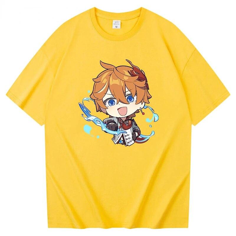 Summer Cozy Soft Casual Tops Tartaglia T-shirt Genshin Impact - Chibi Childe Couple 100%Cotton Cute Cartoon Print Women Shirt
