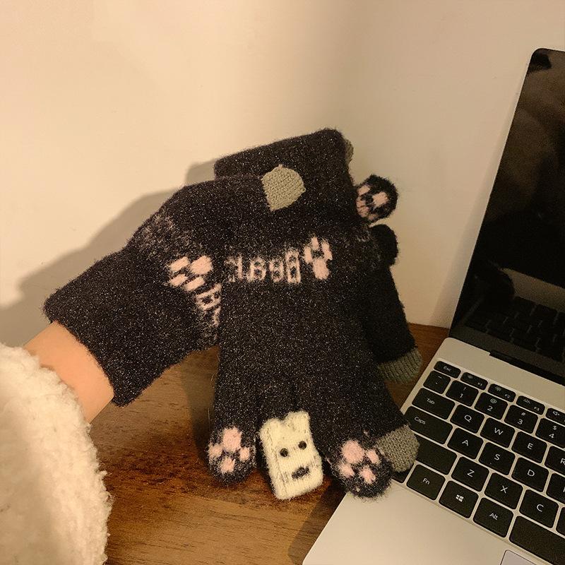 Touch Screen Christmas Red Split Finger Gloves for Female Winter Student Cute Korean Style Thick Plush Riding Warm Winter Trend