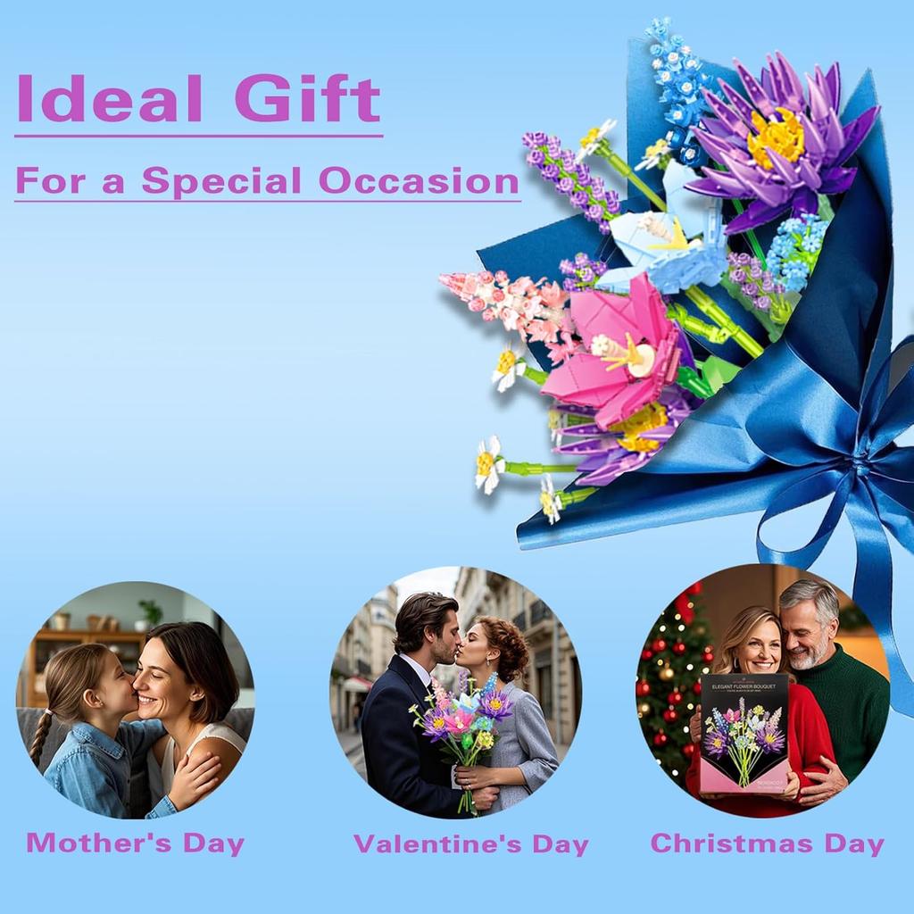 Pink Flower Bouquet Building Sets for Adults Women, Compatible with Botanical Collection, 13 Flowers, Unique Home Decor Gifts for Valentine‘s Day,