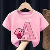 Nuova T-shirt Kirby per Bambini Anime Lettera A-Z Maglietta Top Kawaii Cartone Animato Girocollo Vestiti Bambini Rosa Manica Corta Abbigliamento Regalo