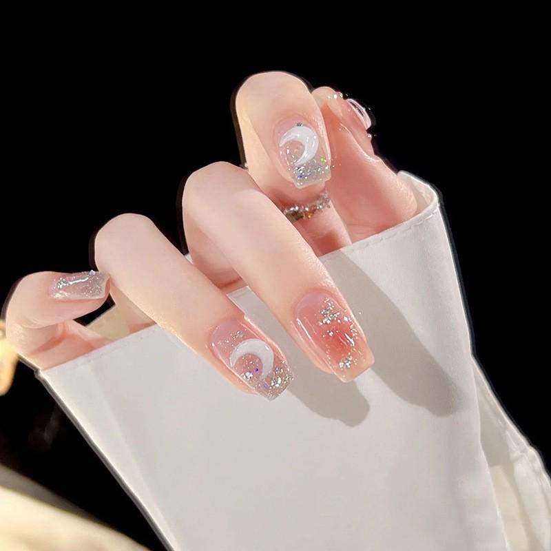 

Ручная работа Луна Звезда Блеск Короткие Накладные Ногти - Съемные, Модные Новогодние Носибельные Ногти