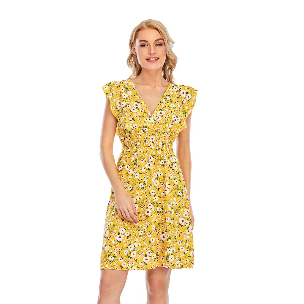 Women Summer V-Neck Chiffon Print Ruffled Sleeveless High Waist A Line Chic Dress S-XXL