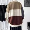 Men's Plus Size Color Block Sweater - Loose Fit, Korean Style, Round Neck Pullover for Autumn and Winter