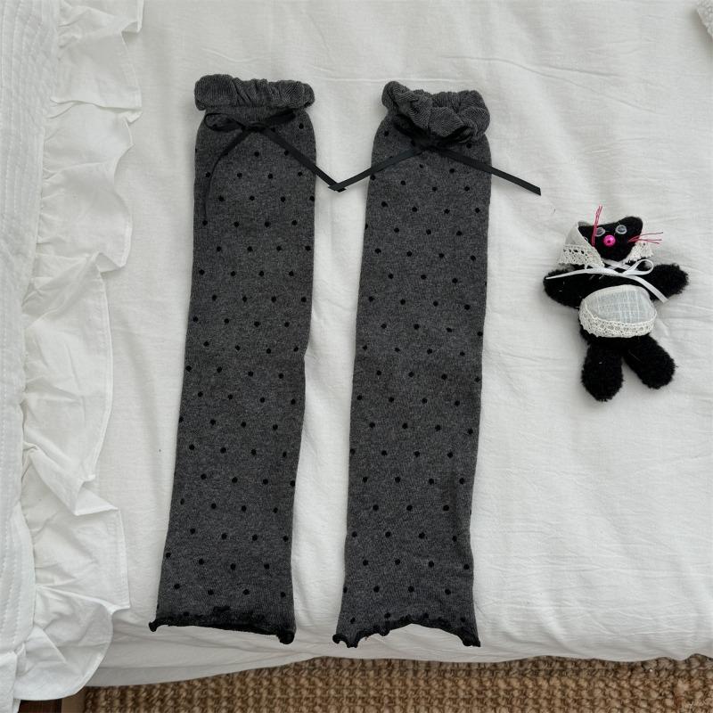 2 Pairs of Retro Polka Dot Sock Covers, Bow Pile Socks, Double-needle Socks, Slimming Leg Covers for Women