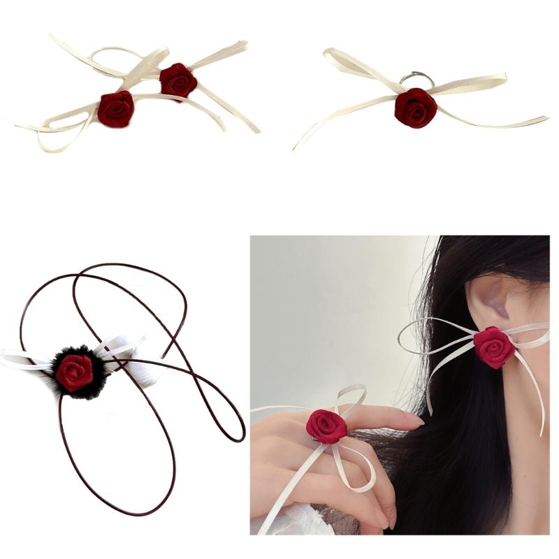 Rosen-Anhänger Halskette/Ringe/Ohrringe Simulationsblume Schlüsselbein-Kette Accessoire Stilvolles Blüten-Ornament für den täglichen Gebrauch