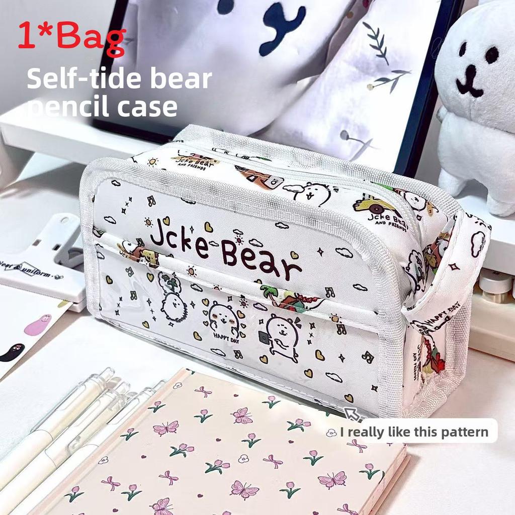 Canvas Cute Chiikawa Hello Kitty Bear Multilayer Pencil Case With Large Capacity For Students Beach Bear