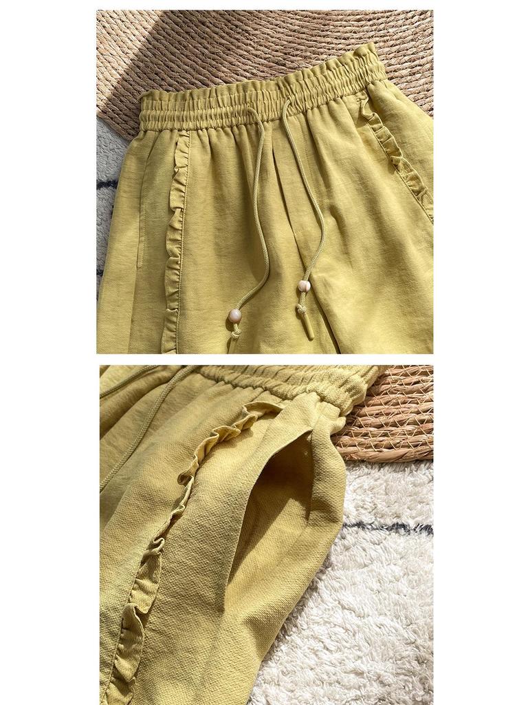 Women's Yellow Ruffled Wide-Leg Summer Shorts with Elastic Drawstring Waist