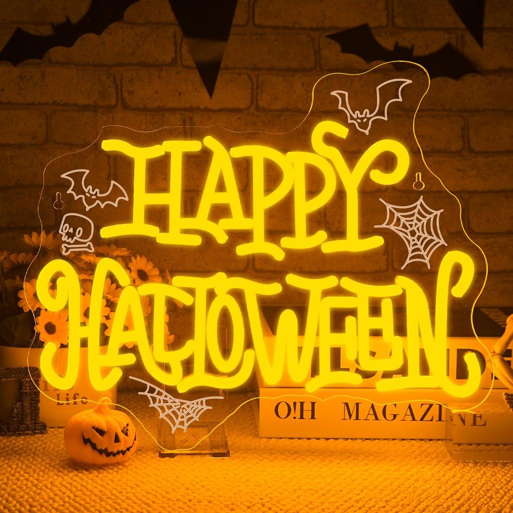 HAPPY HALLOWEEN Neon Sign, Spider Webs & Skull, Halloween Party Decoration for Home, Bar, Dorm, Spooky Décor
