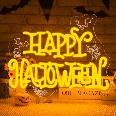 HAPPY HALLOWEEN Neon Sign, Spider Webs & Skull, Halloween Party Decoration for Home, Bar, Dorm, Spooky Décor