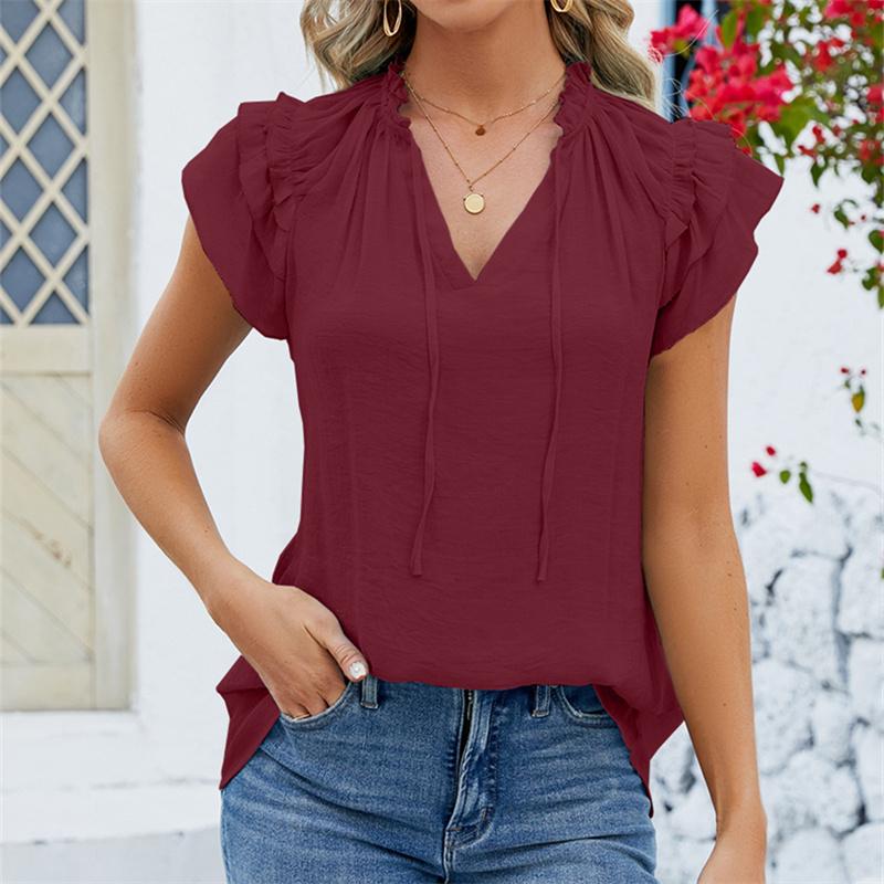 Frühling Sommer Einfarbig Krawatte V-Ausschnitt Plissee Bluse Casual Bandage Rüschen Kurzarm Damen Top