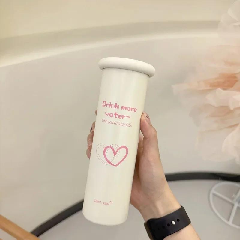 Portable 300ml Coffee Cup Straight Thermos Cup with Lid and Pattern Stainless Steel Thermal Insulation Leak-proof Milk Juice Cup