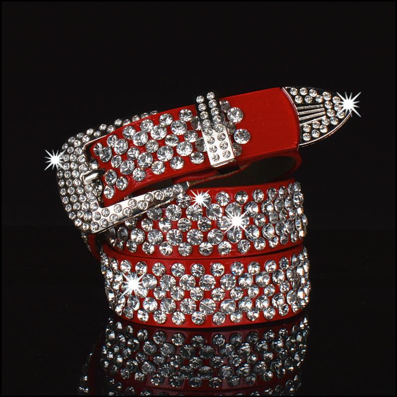 

Жіночі джинси зі справжнім поясом із повним діамантом і пряжкою на шпильках. Універсальна модна спідниця з поясом із коров’ячої шкіри та стразами 110cm червоний