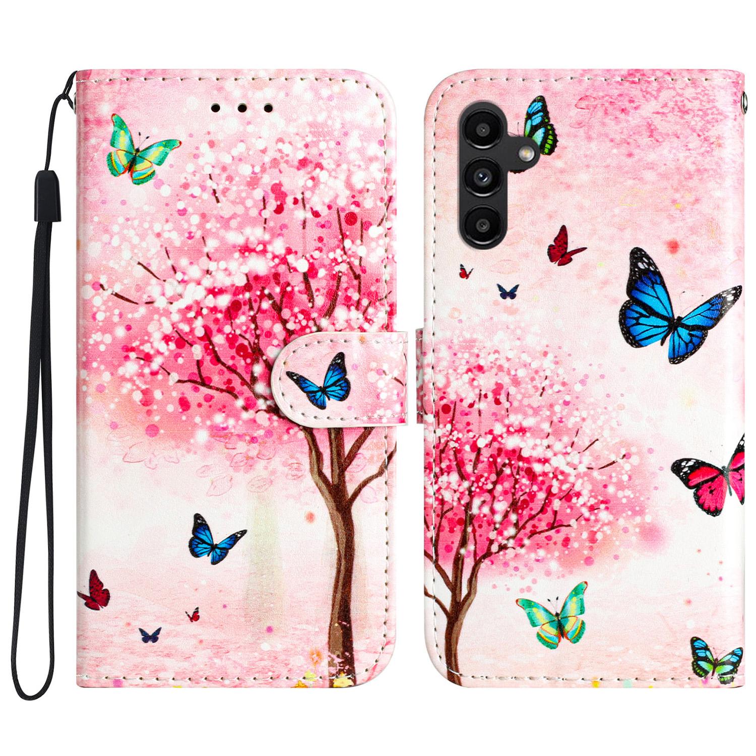 

For Samsung Galaxy S24 FE Case Leather Pattern Printing Flip Phone Cover Cherry Blossoms Tree