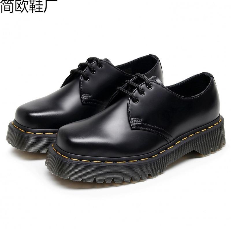 Women's thick-soled small leather shoes, low-top leather British square head casual student medium-thick muffin
