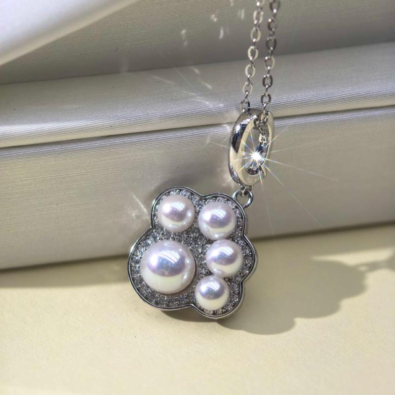 

Zhuji Freshwater Pearl Necklace with S925 Silver Cat Paw Pendant Choker 3-4mm+5-6mm (Round, High Luster, Near Flawless)