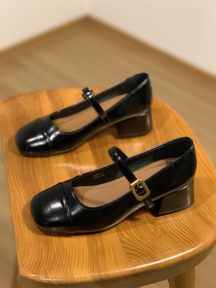 2025 Autumn New Thick Heel Mary Jane Shoes Women's Shallow Mouth One-word Buckle Strap Single Shoes High Heels