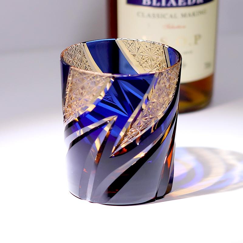 Handicraft Cut Amber Blue Colored Glass Whisky Glasses Tumbler Japanese Edo Kiriko Technique Glass Artwork Drinkware 260Ml