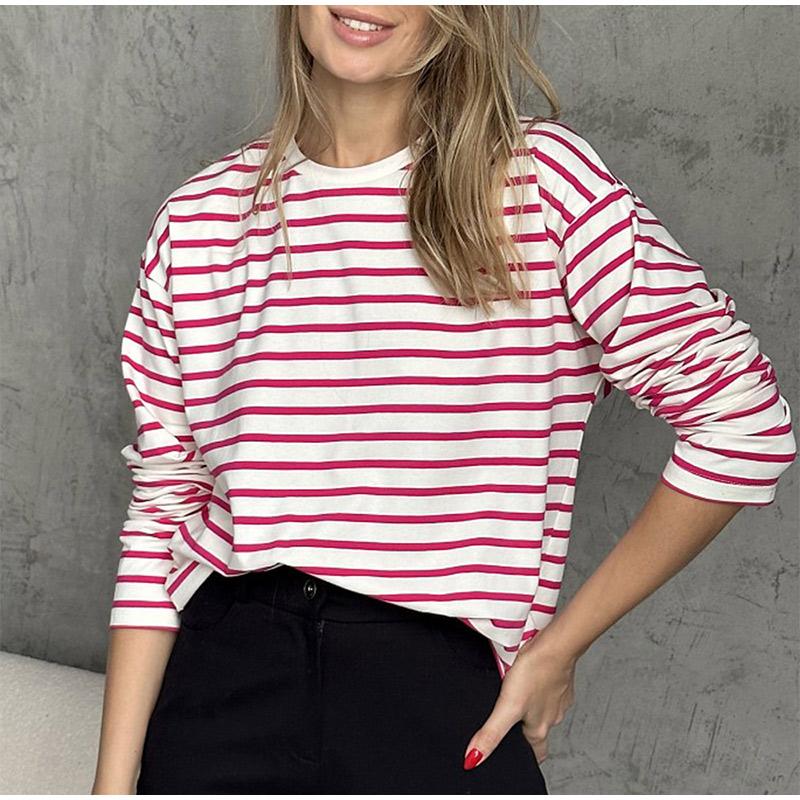 2025 Spring Autumn Long Sleeve Striped T-Shirts Women Basic Casual Tops Female Cozy Loose Cotton Tees T-Shirt New