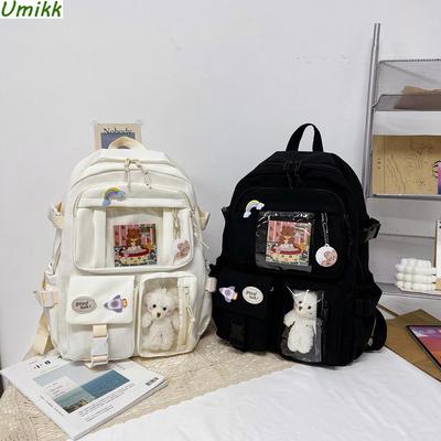 Mochila japonesa para estudantes, mochila estética para meninas, mochila escolar fofa de vários bolsos, mochila de laptop de nylon kawaii com pingente