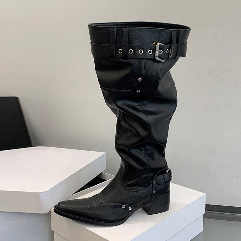 Western Style Fashion Buckle Strap Cowboy Boots Women Pointed Toe Autumn Winter Knee High Shoes Low Thick Heels Booties 35 5315₽