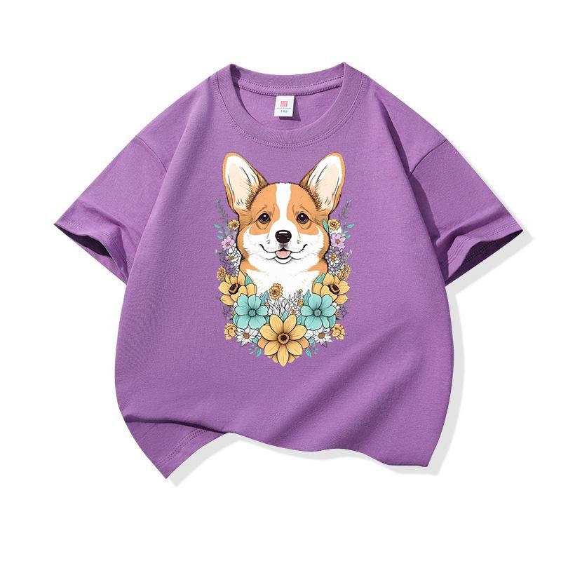 Welsh Corgi Surrounded Colorful Blooms Graphic Tee Kids 100 Cotton Crew Neck T Shirt Cute Puppy Print Short Sleeve Stylish Top