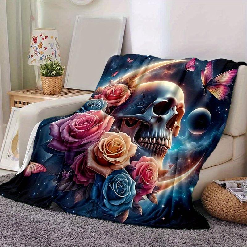 1pc Skull Surrounded by Roses Butterflies and Celestial Moons Super Soft Flannel Blanket Great for Bed, Sofa, Chair, Camping