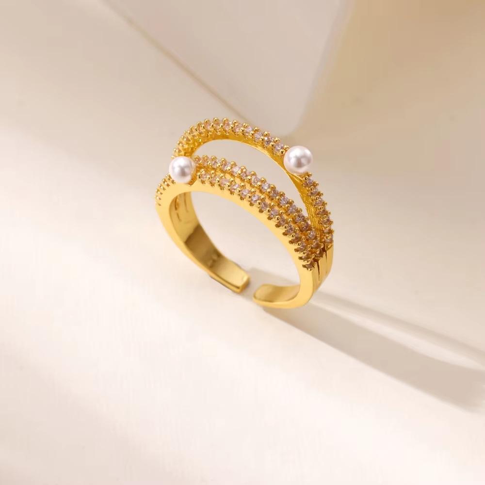 Fashion Wind Moon Butterfly Titanium Steel Ring K Gold Plated Pearl Inlaid Geometric Women's Hand Jewelry