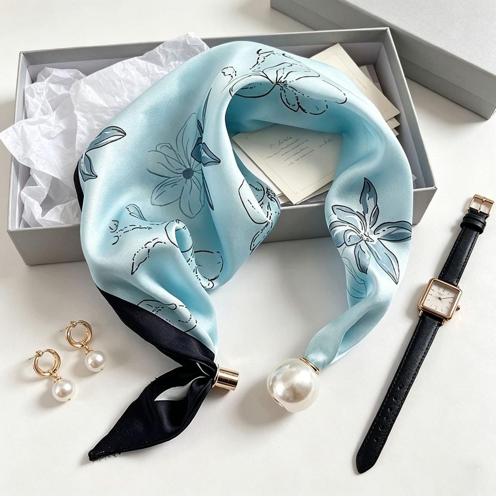 Blue Prints Elegant Pearl Tail Magnetic Clasp Scarf Summer New Versatile Breathable Fashion Artistic Accessory Neck Wrap Scarves
