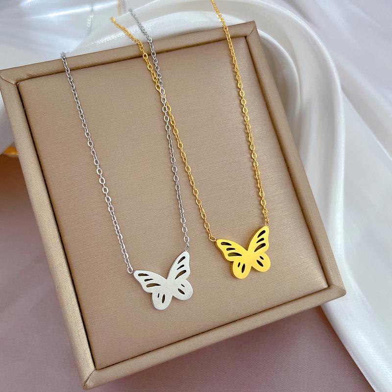 Titanium Steel Minimalist Wind Empty Butterfly Furnace Real Gold Necklace Female Collarbone Chain With Jewelry
