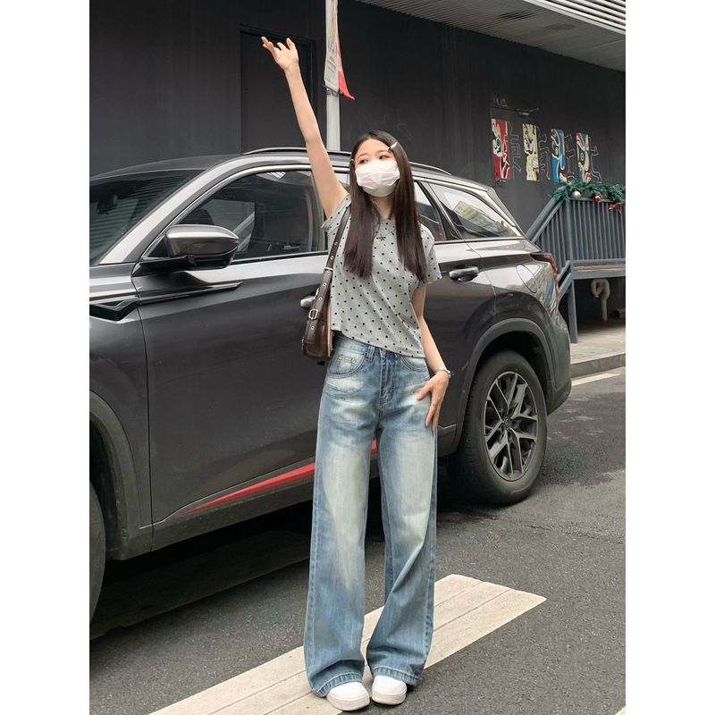 Brother Chun L.G.S.P Style Washed Wide Leg Denim Female 2025 Spring and Summer Stylish High Waist Loose and Slimming Mop Pants