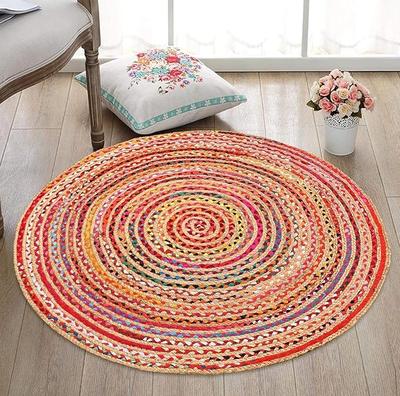 Aizza Trends Indian Handmade Braided Multi Cotton with Natural Jute Area Rug- Jute Rug- Dining Room- Living Room