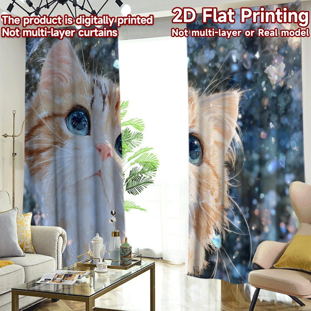 2D Flat Printing  2pcs Cute Kitten with Sparkles Chic Curtains&Drapes 100% Polyester Curtains Outdoor Decorations Use for